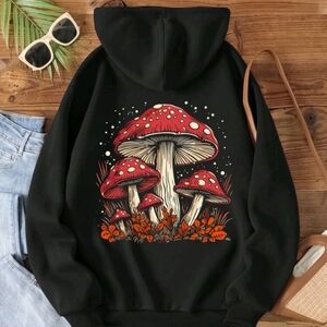 Mushroom print drawstring hoodie